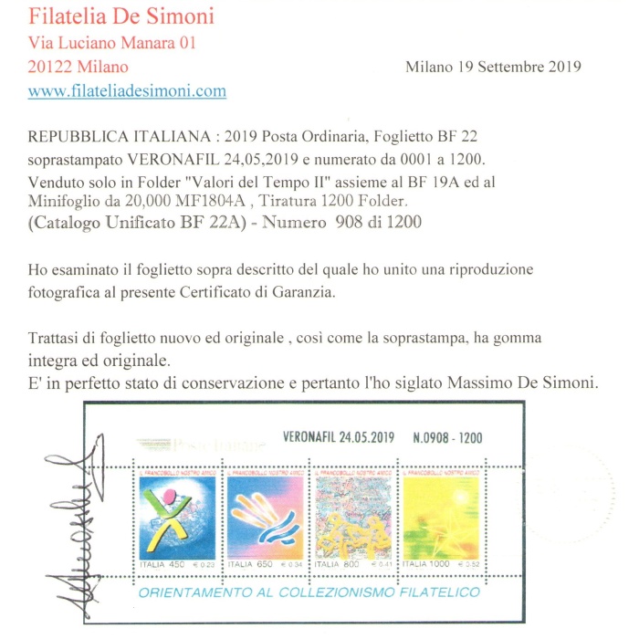 2019 Italia - Repubblica , Foglietto BF 22A Francobollo Nostro Amico soprastampato Veronafil 24.05.2019 - N.0908 di 1200 Certificato De Simoni MNH**