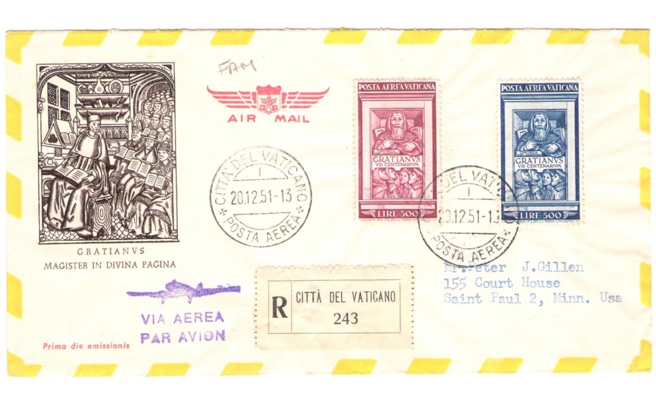 1951 Città del Vaticano, Aerogramma ,  Monaco Graziano PA 20/21 Viaggiata per gli Stati Uniti