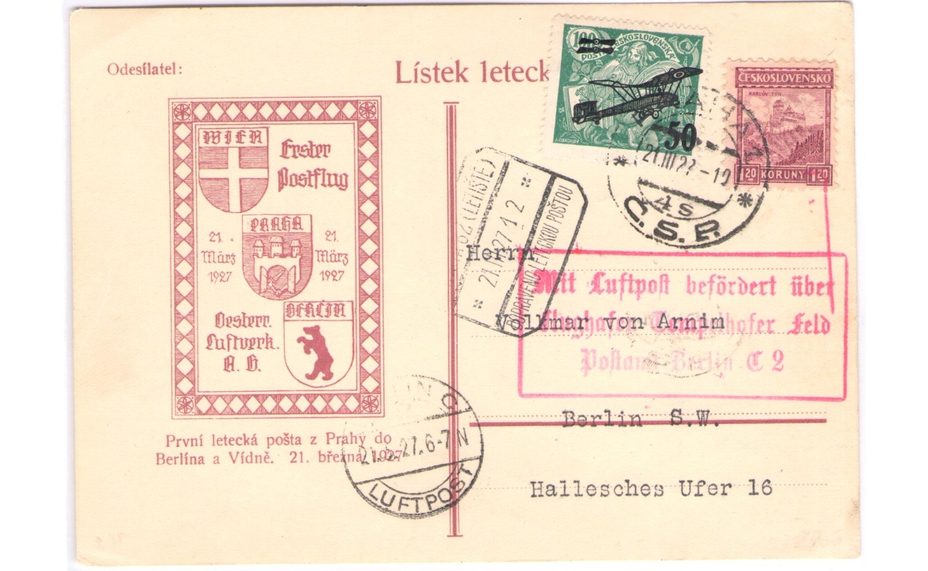 1927 CECOSLOVACCHIA, ERSTFLUG PRAHA-BERLIN SONDERCARTE - Cartolina Speciale I° Volo"DLH/CSA"