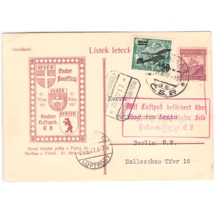 1927 CECOSLOVACCHIA, ERSTFLUG PRAHA-BERLIN SONDERCARTE - Cartolina Speciale I° Volo"DLH/CSA"