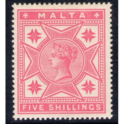 1886 MALTA - Effigie della Regina Vittoria - 5 scellini rosa n° 30 S.G. - MLH*
