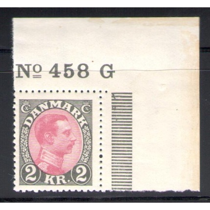 1921-28 DANIMARCA ,   2 Corone grigio vinaceo, n° 148 Angolo di Foglio con Numero di Tavola n° 458 MNH**