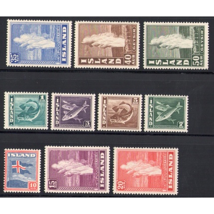 1938-39 ISLANDA ,  Soggetti Diversi , Serie Ordinaria, Pesci e Vulcani , n° 171-180  MNH**