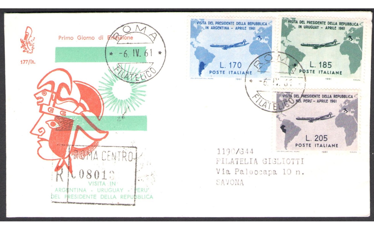 1961 REPUBBLICA -  Busta Venetia n° 177/it - Gronchi in Sud America , Viaggiata Raccomandata per Savona