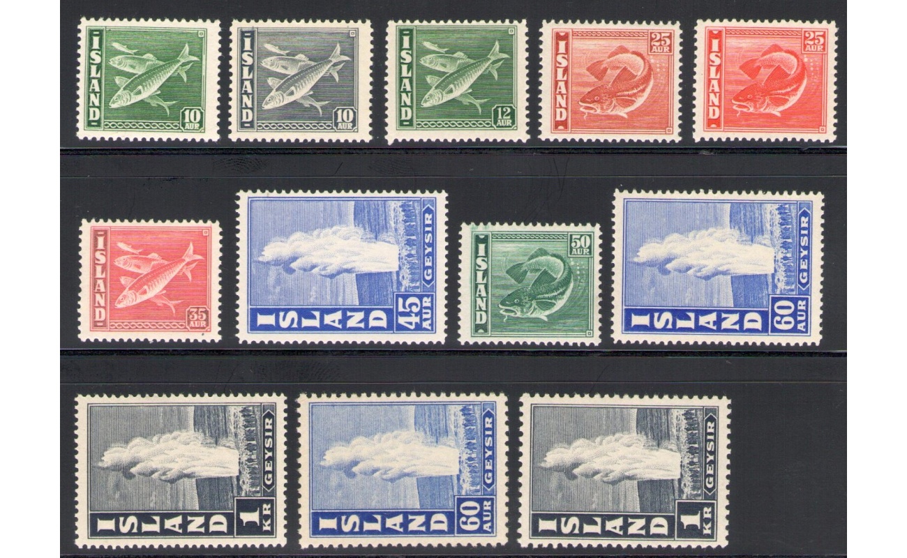 1940-45 ISLANDA ,   Soggetti Diversi , Serie Ordinaria, Pesci e Vulcani , 12 valori n° 189-196  MNH**