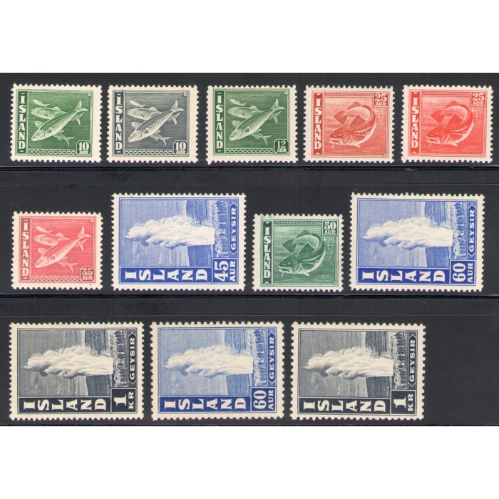 1940-45 ISLANDA ,   Soggetti Diversi , Serie Ordinaria, Pesci e Vulcani , 12 valori n° 189-196  MNH**