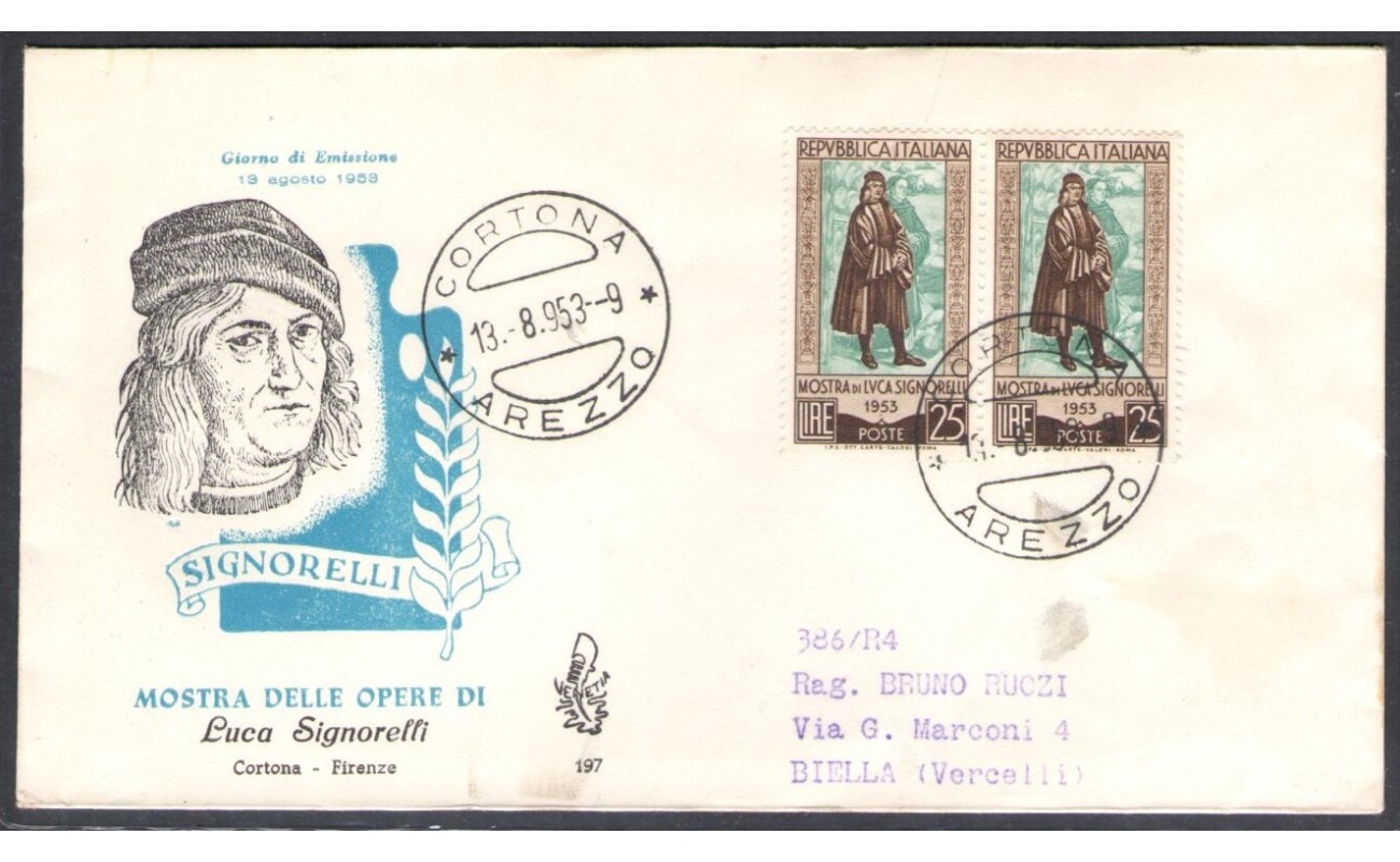1953 REPUBBLICA , Venetia Club n° 197, Signorelli coppia ,  viaggiata per Biella