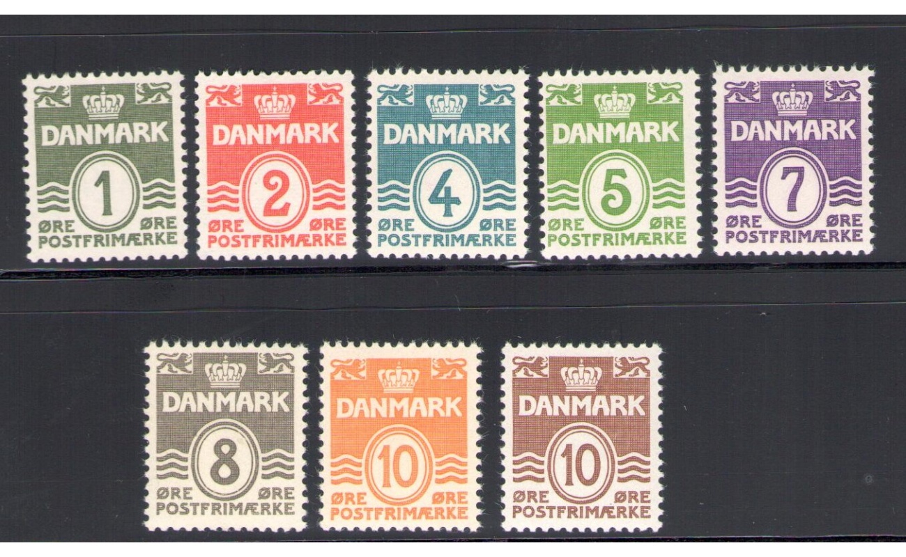 1933 DANIMARCA ,   Cifra in Ovale modificato , doppia linea, n° 207/213A - 8 valori MNH**