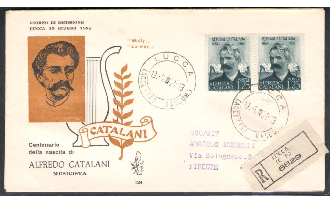 1954 REPUBBLICA , Venetia Club n° 224 , Catalani in coppia , raccomandata , viaggiata per Firenze