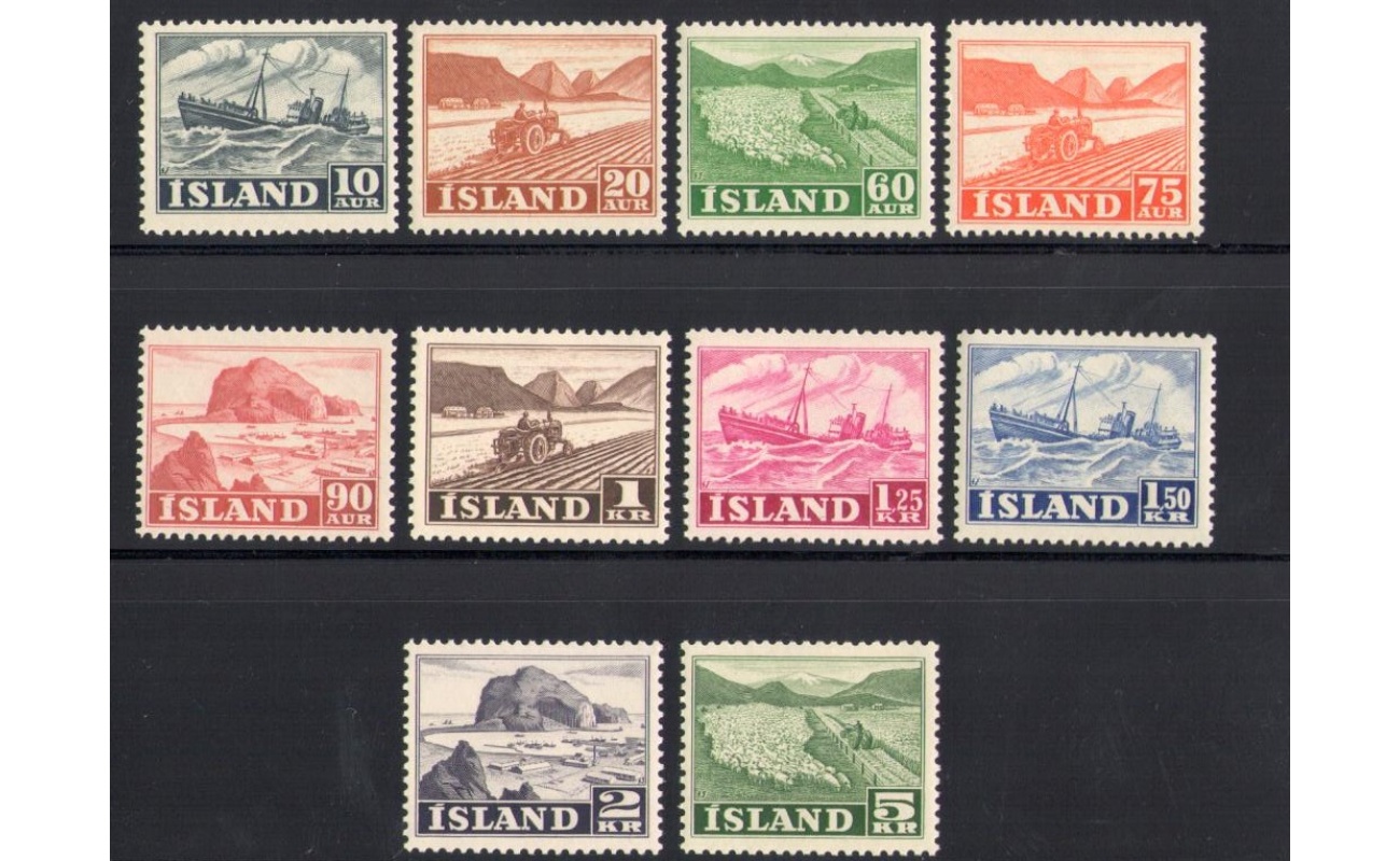 1950 ISLANDA ,   Attività Nazionali , 10 val n° 224-233  MNH** (1,25 Kr. con decalco stampa)