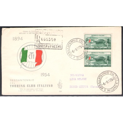 1954 REPUBBLICA , Venetia Club n° 229 , Touring Club in coppia , raccomandata , viaggiata per Novara