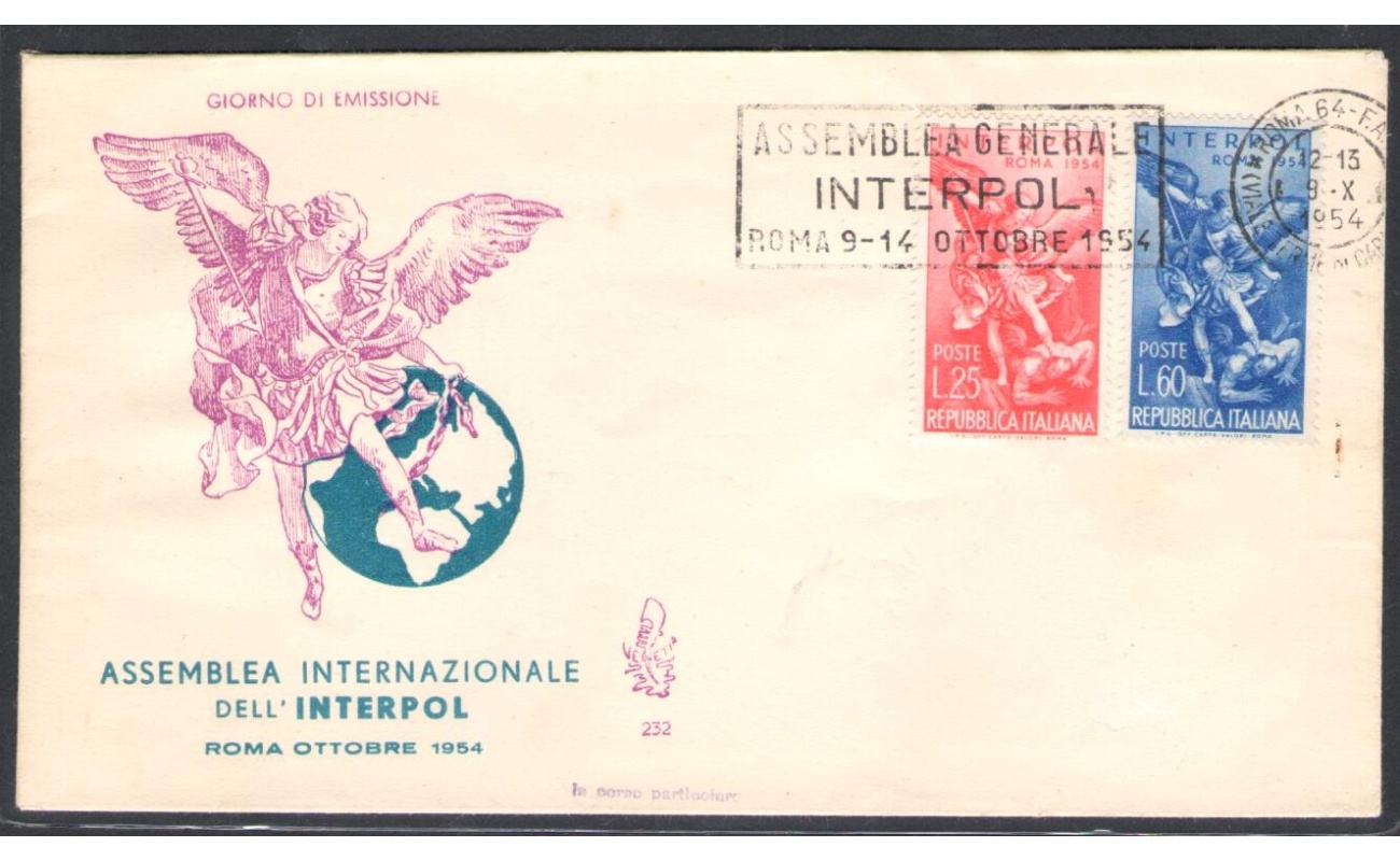 1954 REPUBBLICA , Venetia Club n° 232 , Interpol 2 val , non viaggiata