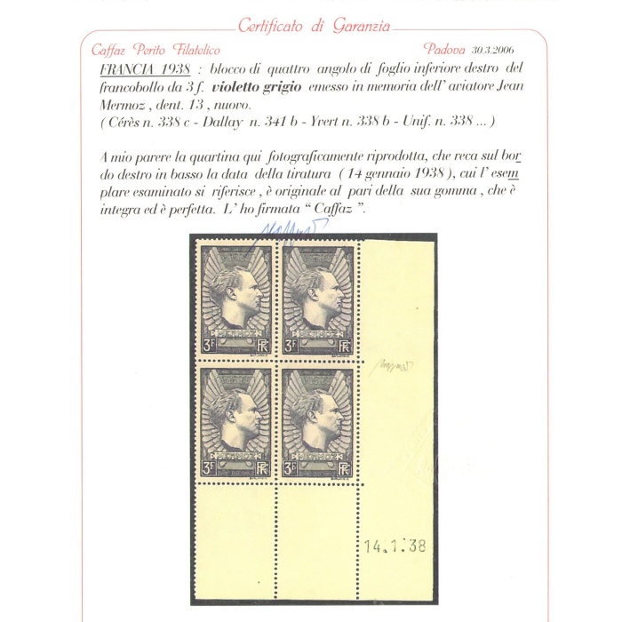 1938 FRANCIA  - 3 FR. Violetto Grigio, Aviatore Jean Mermoz n° 338b Catalogo Maury 1 val, Quartina Coin dateè (14-01-1938) MNH**
