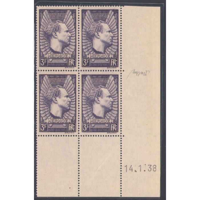 1938 FRANCIA  - 3 FR. Violetto Grigio, Aviatore Jean Mermoz n° 338b Catalogo Maury 1 val, Quartina Coin dateè (14-01-1938) MNH**