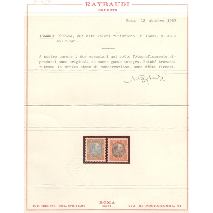 1902-04 ISLANDA ,  Effigie di Re Cristiano IX , 13 val n° 34B/46 Certificato Raybaudi MNH**