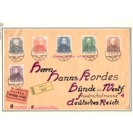 1931  AUSTRIA ,  n. 399/404 Poeti , 6 valori , Usati su Raccomandata