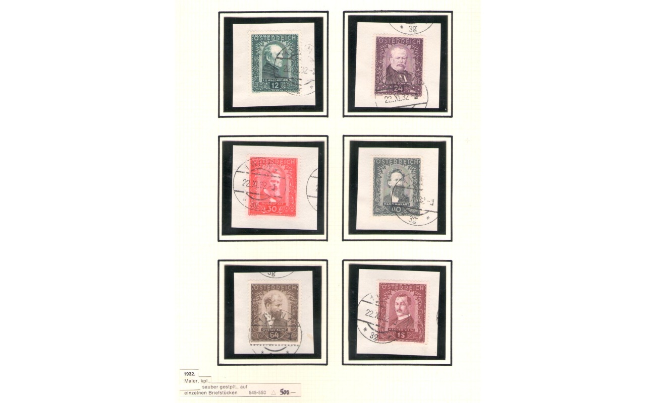 1932  AUSTRIA ,  n. 420/425 Pittori , 4 valori , Usati su frammento - Primo giorno di Emissione