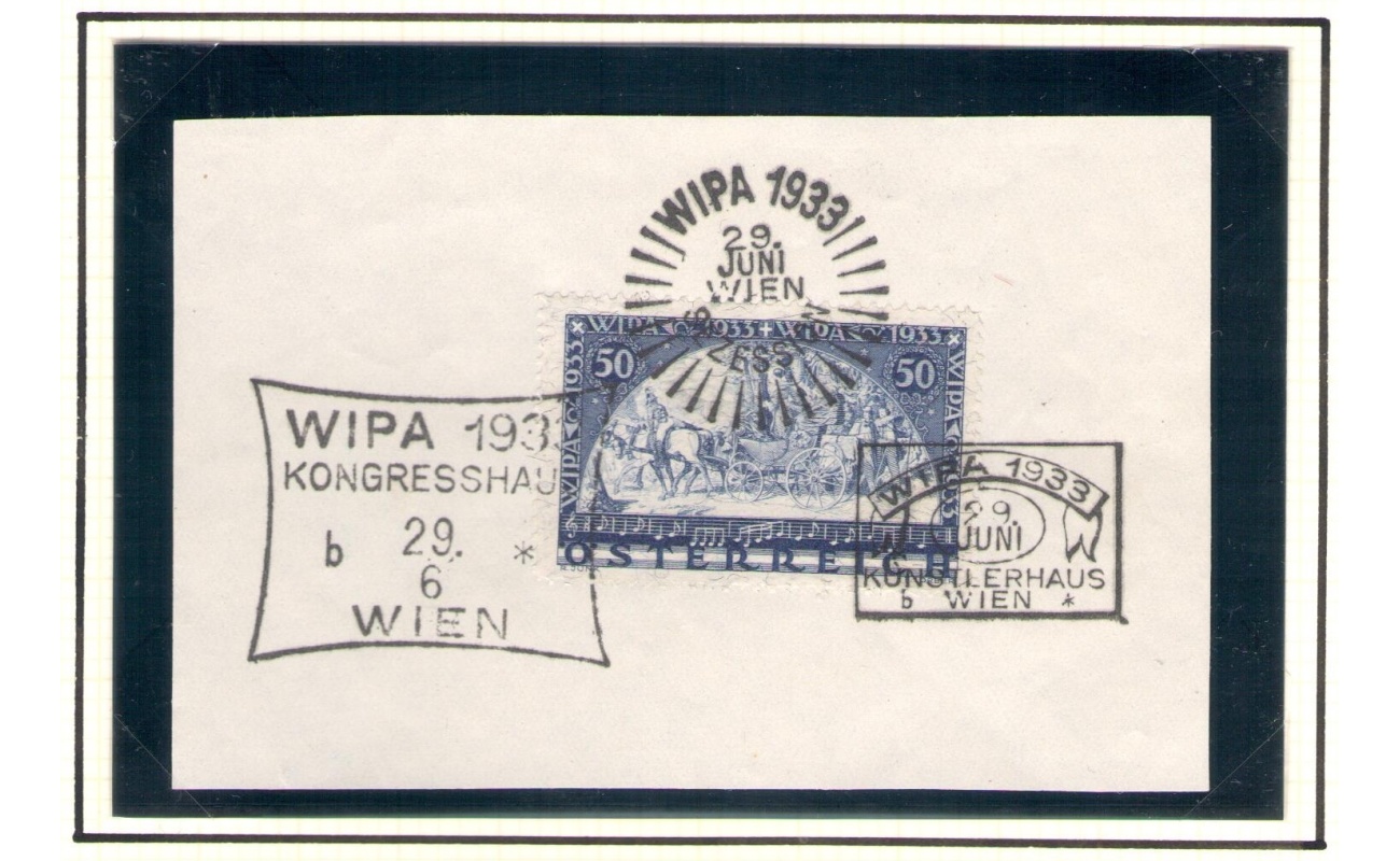 1933  AUSTRIA - W.I.P.A. 50+50 g. , CARTA CON FILI DI SETA ,n. 430A usato su frammento - Primo giorno di Emissione  , Molto bello e fresco.