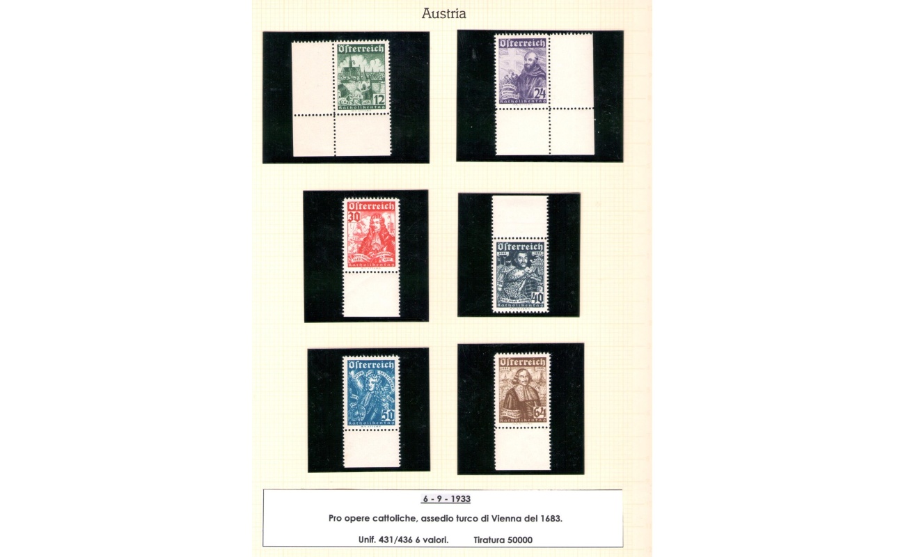 1933  AUSTRIA ,  n. 431/436 Assedio di Vienna , 6 valori MNH** , Bordo e Angolo di Foglio