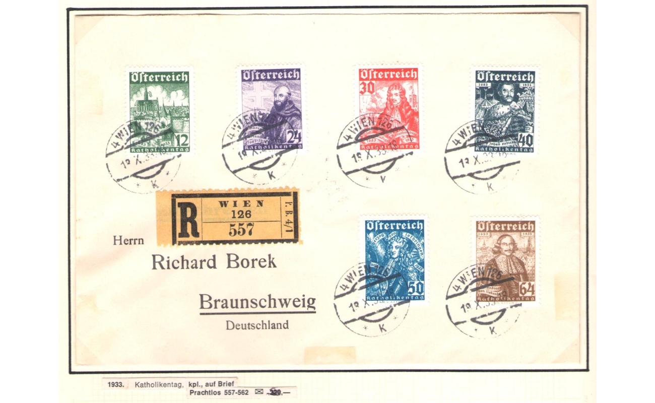 1933  AUSTRIA ,  n. 431/436 Assedio di Vienna , 6 valori  , su Raccomandata timbro di arrivo al verso