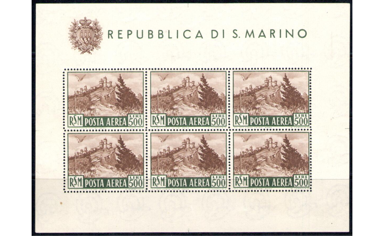 1951 SAN MARINO, Foglietto Veduta 500 Lire Bruno, n° 12 - Splendido Senza Pieghe - MNH** Certificato Enzo Diena