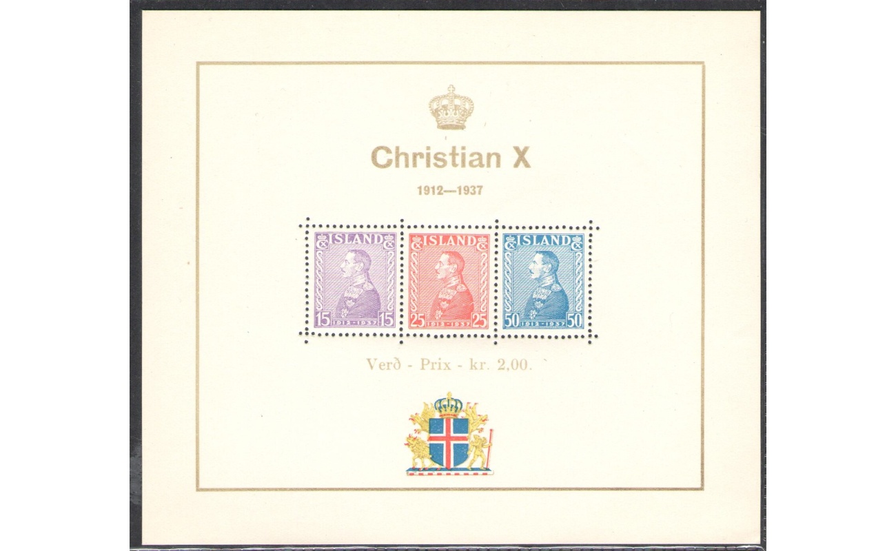 1937 ISLANDA ,   25° Anniversario al Trono di Re Cristiano X , BF 1 , MNH**