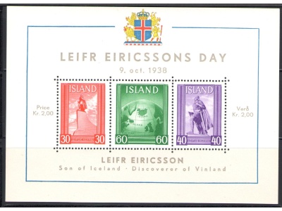 1938 ISLANDA, Giornata di Leifr Eiricsson - Leifr Eiricssons day, BF 2, MNH**