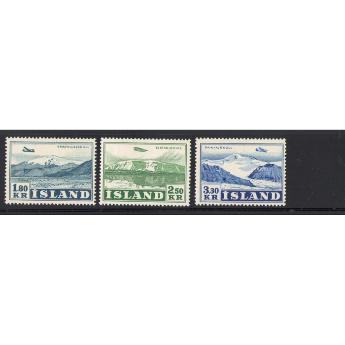 1952 ISLANDA ,   Posta Aerea , Aeroplano e vedute , 3 val n° A27-A29 MNH**