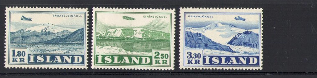 1952 ISLANDA ,   Posta Aerea , Aeroplano e vedute , 3 val n° A27-A29 MNH**