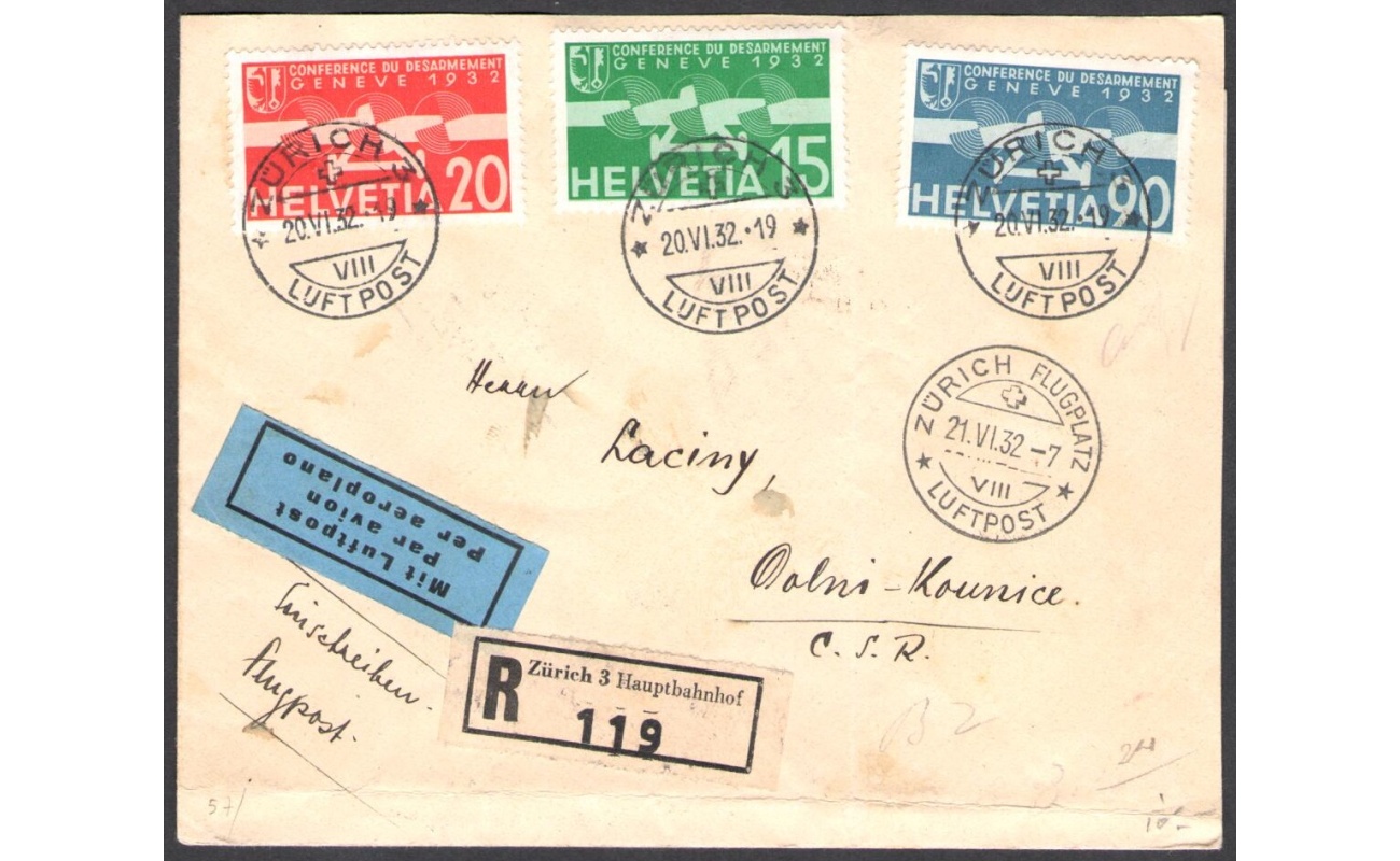 1932 SVIZZERA,  20-06-1932 Posta Aerea su Busta n° A16/A18 - diretta in Cecoslovacchia