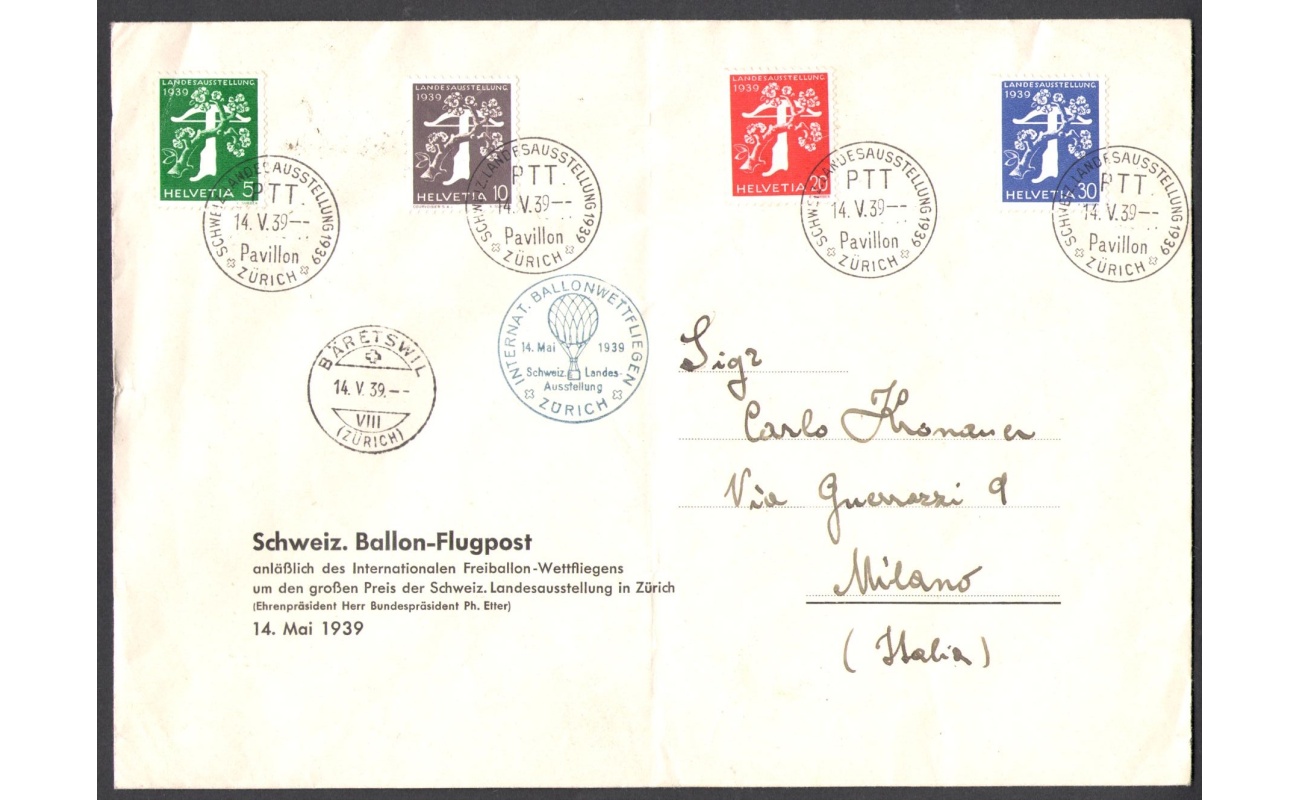 1939 SVIZZERA,   Expo Zurigo n° 337/340 - Zurigo-Milano in Mongolfiera -   Molto Interessante