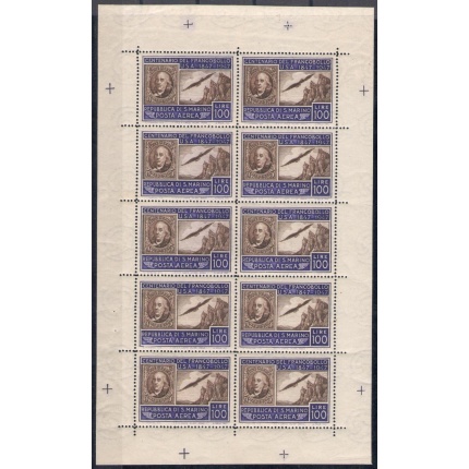 1947 SAN MARINO, Minifoglio Americano , n° 15 - Firmato Enzo Diena - Splendido Senza Pieghe - MNH** Certificato Cilio