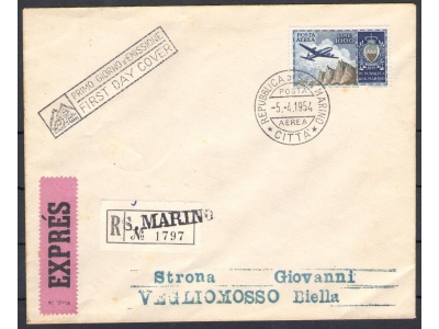 1954 SAN MARINO, Posta Aerea 1000 Lire Veduta ,   Viaggiata Raccomandata Espresso per Biella