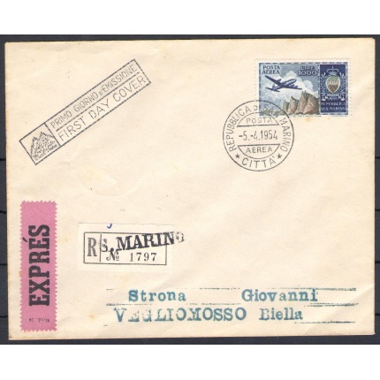 1954 SAN MARINO, Posta Aerea 1000 Lire Veduta ,   Viaggiata Raccomandata Espresso per Biella