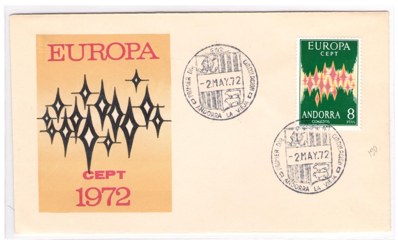 1972 ANDORRA SPAGNOLA,  n° 64A ,Europa Cept 8 p. verde e policromo su Busta