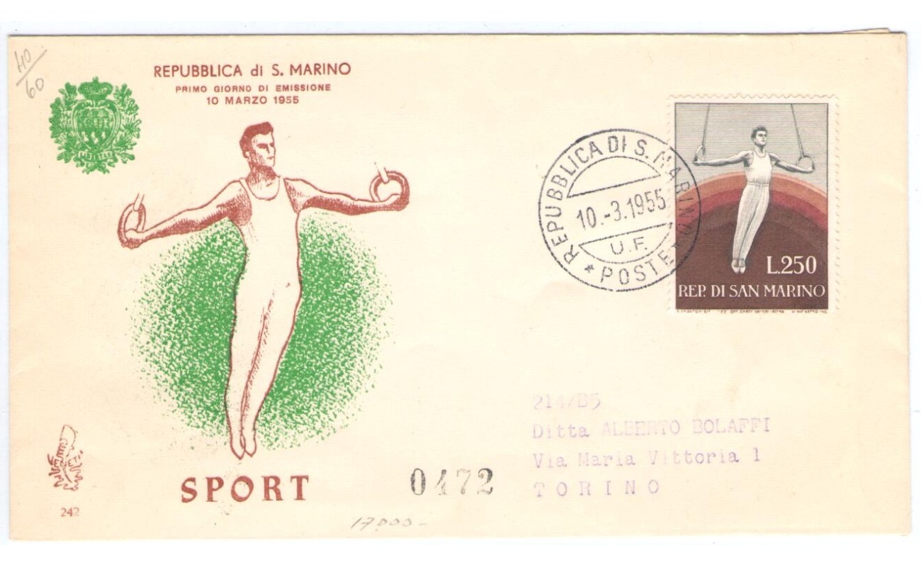 1955 SAN MARINO, Sport III ,  VENETIA n° 242,  VIAGGIATA per Torino