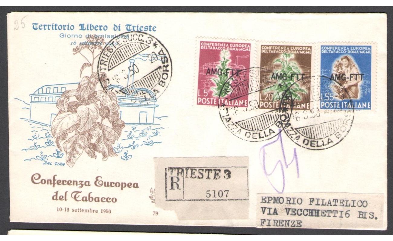 1950 TRIESTE A - Tabacco su Busta Venetia n° 79 Raccomandata viaggiata
