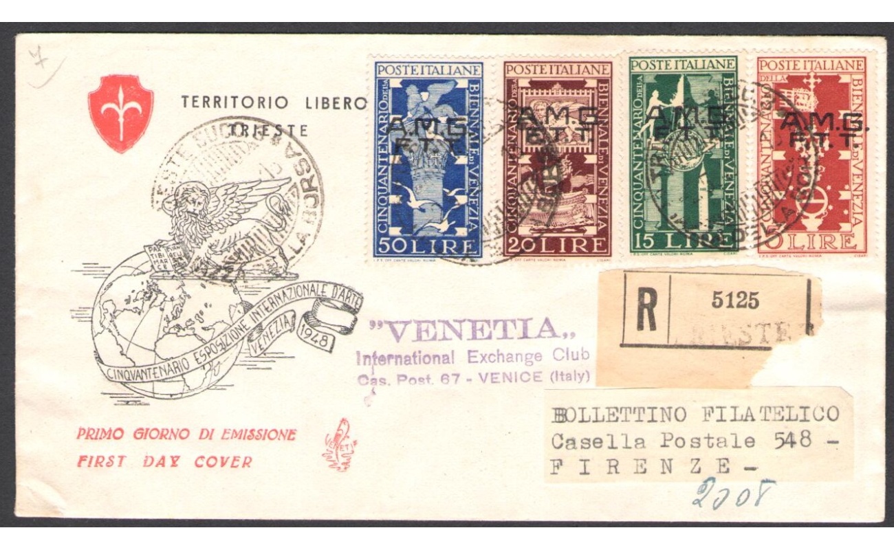 1949 TRIESTE A - Biennale di Venezia su Busta Venetia n° 8 Raccomandata per l'Italia