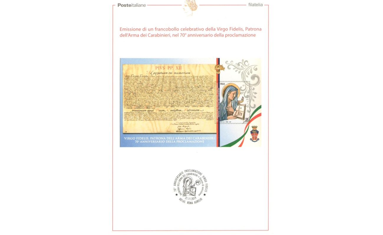 2019 ITALIA , Bollettino Postale comprensivo di foglietto, Virgo Fidelis "Patrona dell'Arma dei Carabinieri" Tiratura 2.000 - MNH**