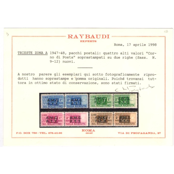 1947-48 TRIESTE A -  PACCHI POSTALI - La serie Completa n °  1/12 Certificato Raybaudi