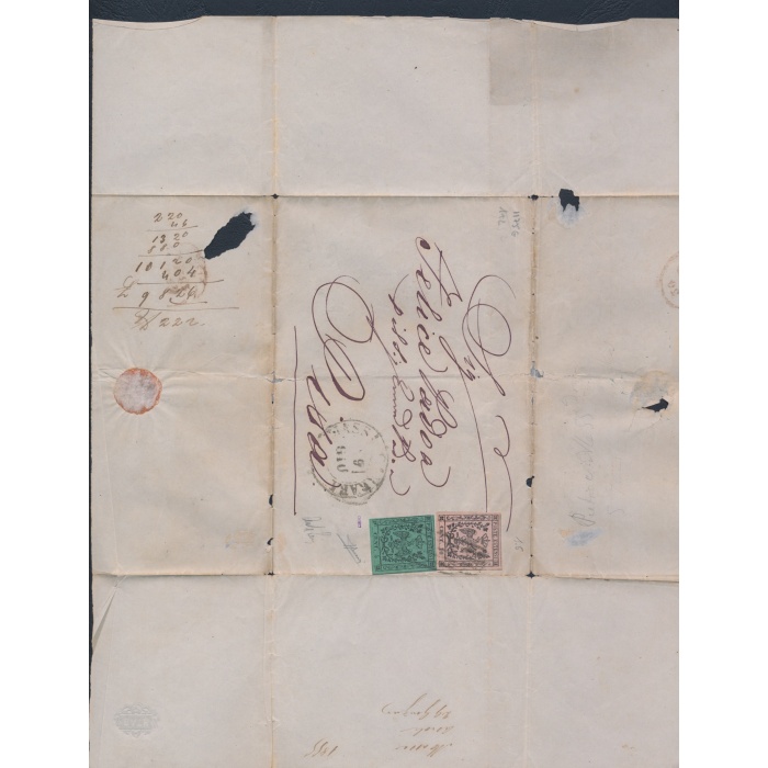 1852 MODENA , n° 1 e 2 su Busta per Pisa , buoni/ottimi margini , firmata Sorani , timbro Chirici , firma Angelo De Simoni