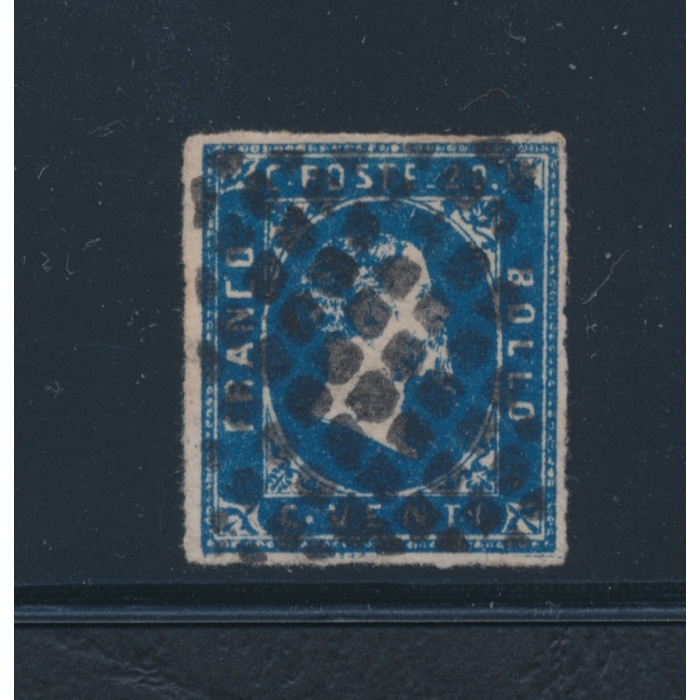 1851 SARDEGNA, 20 cent. Azzurro su Frammento ,Firmato A. Diena