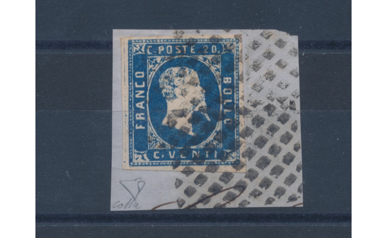 1851 SARDEGNA, 20 cent. Azzurro su Frammento ,Firmato Enzo Diena , timbrino di Garanzia al verso Bolaffi