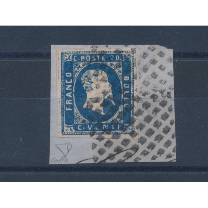 1851 SARDEGNA, 20 cent. Azzurro su Frammento ,Firmato Enzo Diena , timbrino di Garanzia al verso Bolaffi