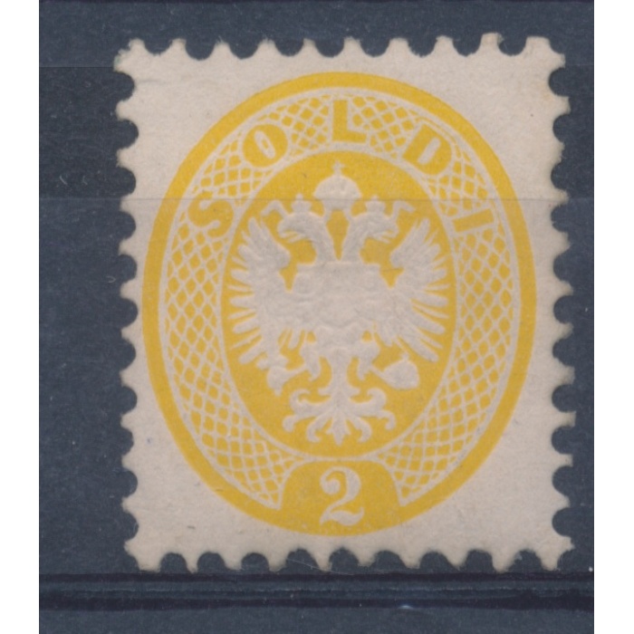 1864 LOMBARDO VENETO, n° 41 - 2 soldi giallo dentellato 9 1/2, gomma originale, T.L. firmato Raybaudi MLH*
