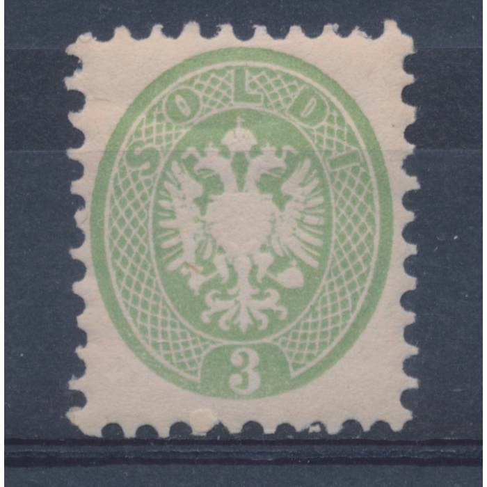 1864 LOMBARDO VENETO, n° 42 - 3 soldi VERDE dentellato 9 1/2, gomma originale, T.L. firmato Vaccari MLH*