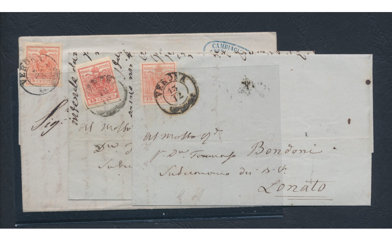 1852-54 LOMBARDO VENETO, 15 centesimi rosso , III Tipo , n° 6, 3 Differenti colori - 3 Buste