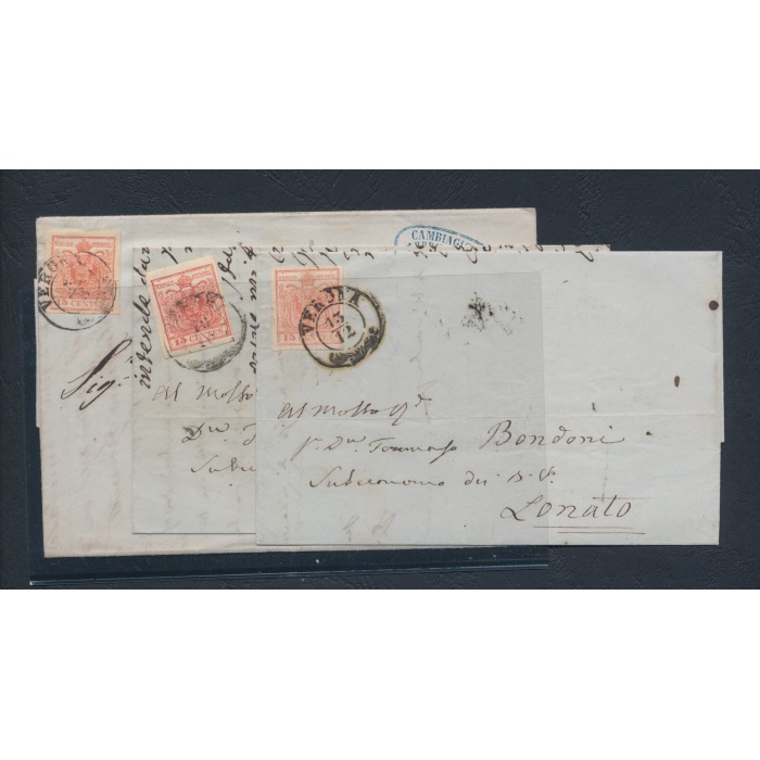 1852-54 LOMBARDO VENETO, 15 centesimi rosso , III Tipo , n° 6, 3 Differenti colori - 3 Buste
