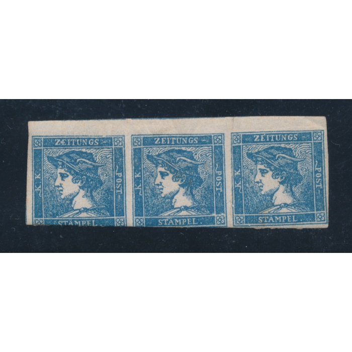 1851 LOMBARDO VENETO, Francobolli per Giornali , n° 2 - 3 cent azzurro Tipo II, Striscia di 3, DIFETTOSO- LH*