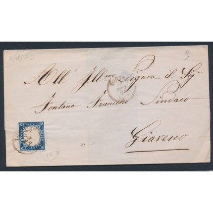 1859 SARDEGNA, 20 centesimi Azzurro Scuro su lettera da Torino per Giaveno, tinta del 1859 - Firmata Chiavarello - 3 Ampi Margini (Copia)